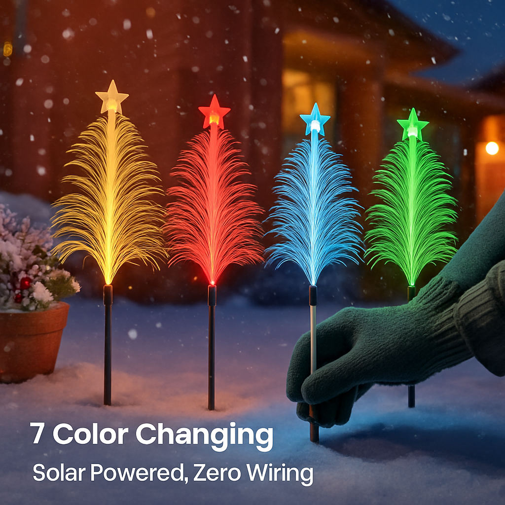 4Pack 7 Color Changing Solar Christmas Tree Lights Outdoor Optical Fiber Stake Lights Cedar Tree Lights with Topper Star IP44 Waterproof for Garden Ya