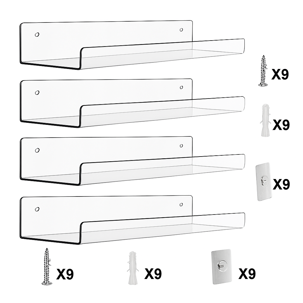Clear Acrylic Floating Shelves 4 Pack - Wall Mount
