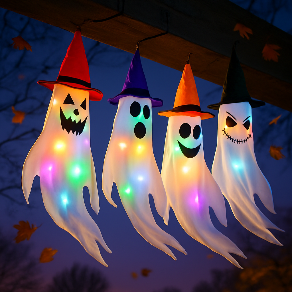 Halloween Ghost Windsocks with Witch Hats and LED Lights