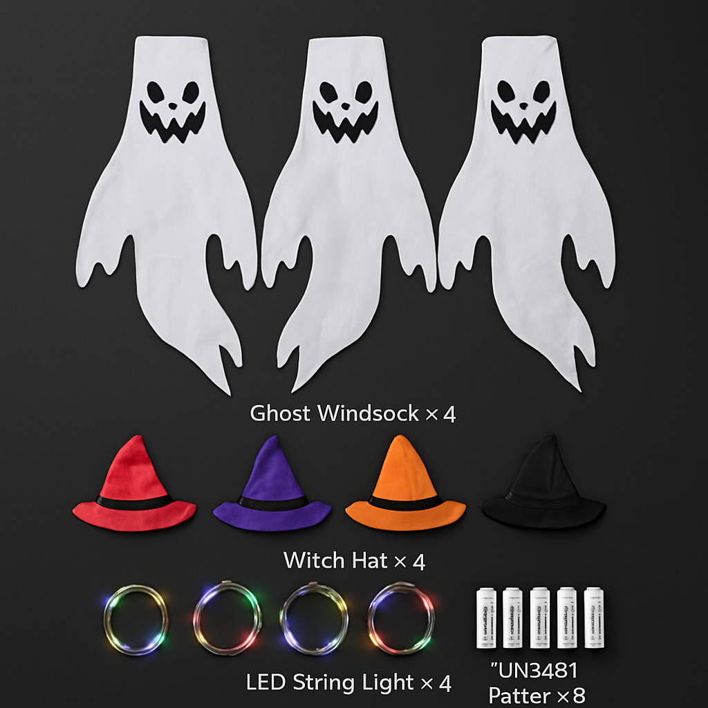 Halloween Ghost Windsocks with Witch Hats and LED Lights
