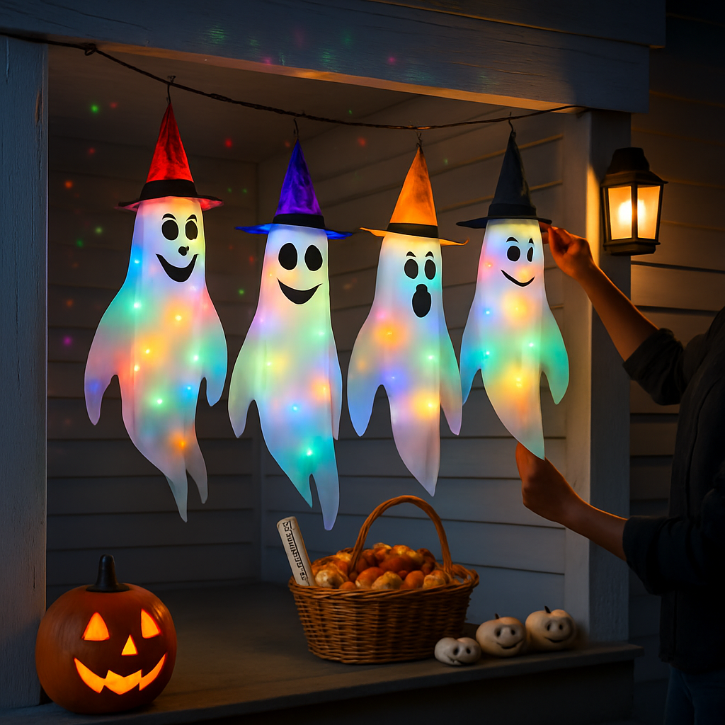 Halloween Ghost Windsocks with Witch Hats and LED Lights