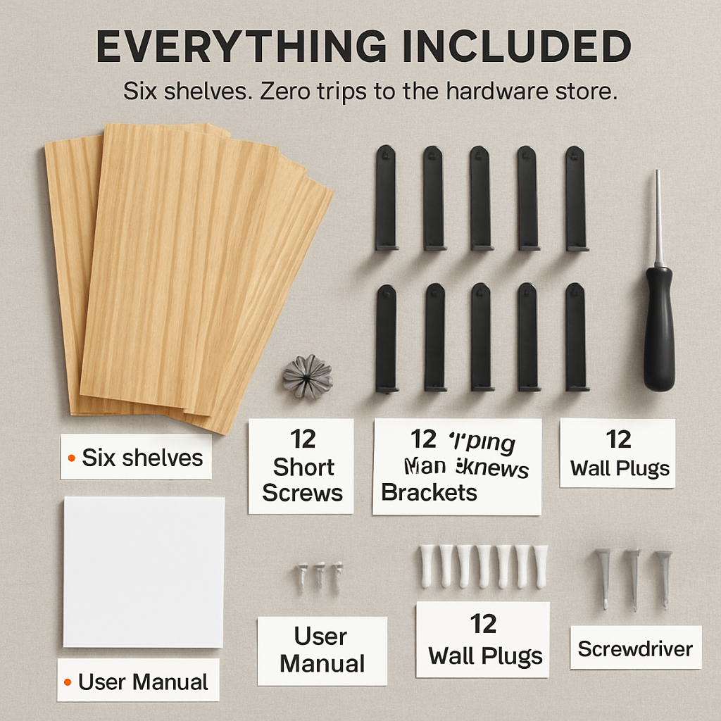 Floating Wall Shelves with Brackets - 6 Sets for Living Room