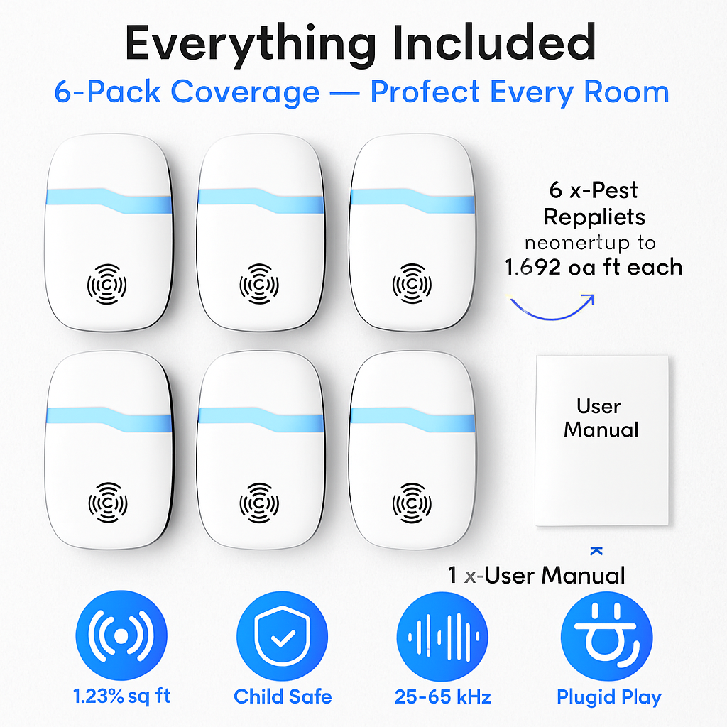 6 Packs Ultrasonic Pest Repellers Electric Plug-In Indoor Pest Control Mouse Repellent Chaser Deterrent Rodent Chaser for Home Kitchen Office Warehous