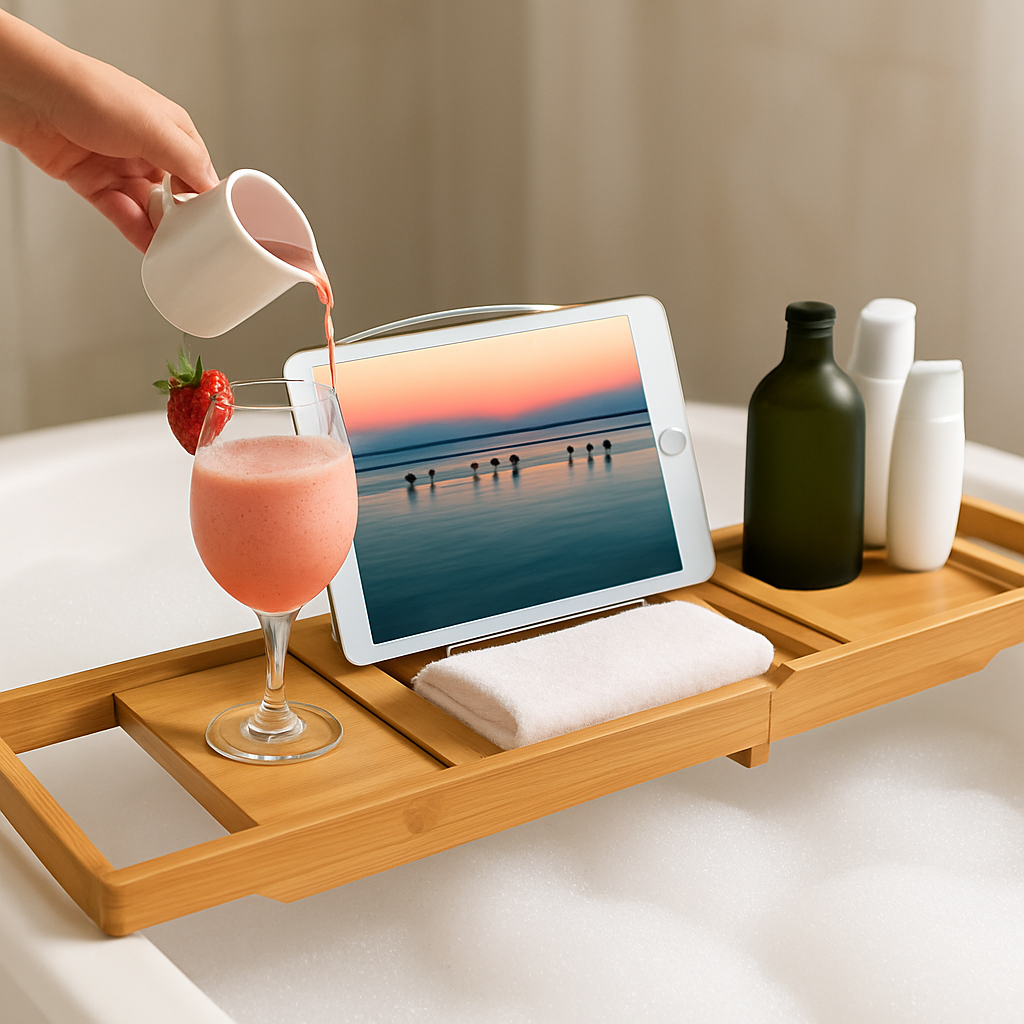 Bathtub Caddy Tray Crafted Bamboo Bath Tray Table Extendable Reading Rack Tablet Phone Holder Wine Glass Holder Shelf Desk Bathroom Spa