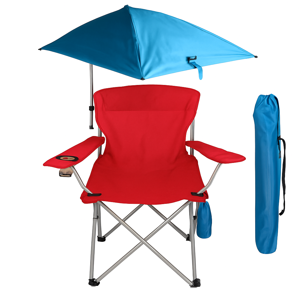 Foldable Beach Chair with Adjustable Canopy & Cup Holder