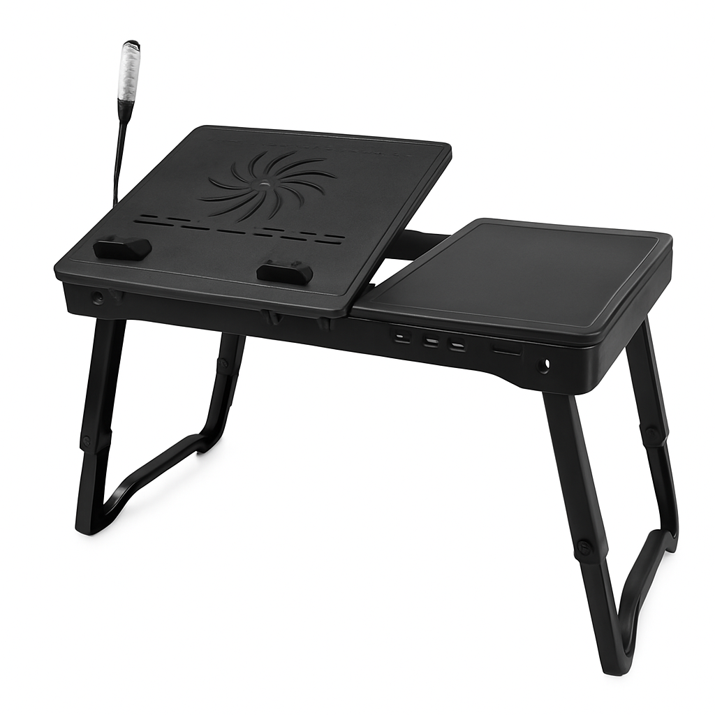 Foldable Laptop Table Bed Notebook Desk w/Cooling Fan Mouse Board LED light 4 x USB Ports Breakfast Snacking Tray with Storage Groove For Home Office