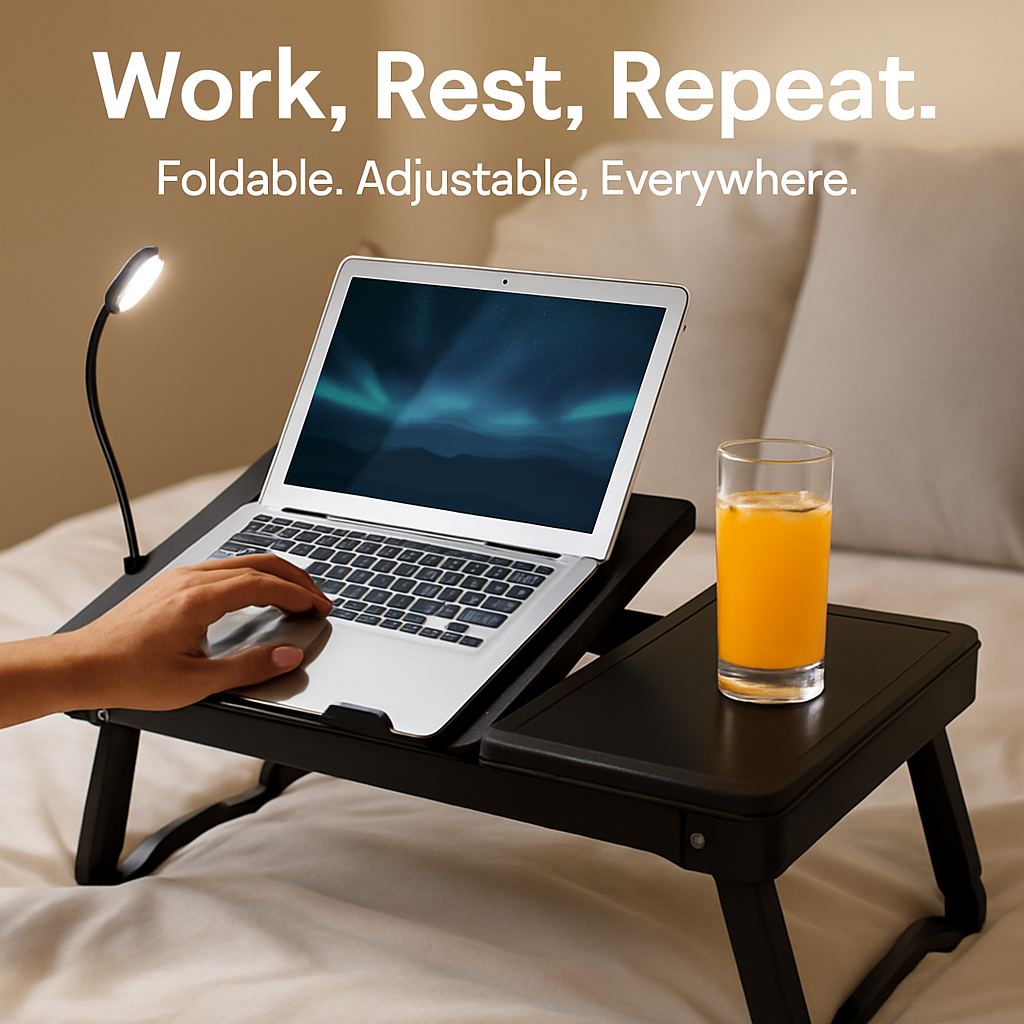 Foldable Laptop Table Bed Notebook Desk w/Cooling Fan Mouse Board LED light 4 x USB Ports Breakfast Snacking Tray with Storage Groove For Home Office