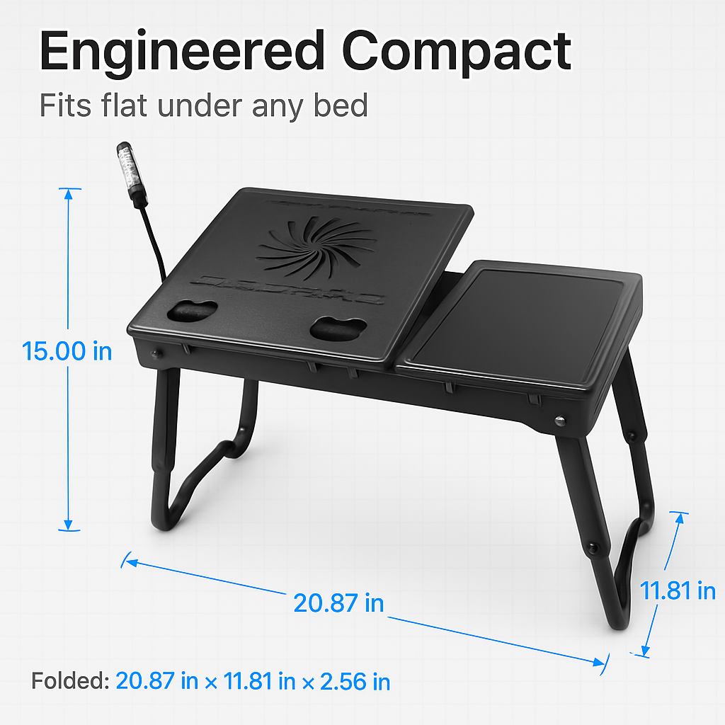 Foldable Laptop Table Bed Notebook Desk w/Cooling Fan Mouse Board LED light 4 x USB Ports Breakfast Snacking Tray with Storage Groove For Home Office