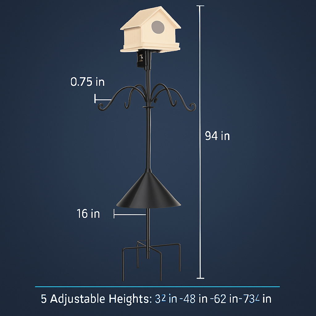 94Inch Squirrel Proof Bird Feeder Pole Heavy-Duty Bird House Pole  Outdoor Bird Feeding Station with 5 Adjustable Heights 4 Shepherd Hooks Top & Side