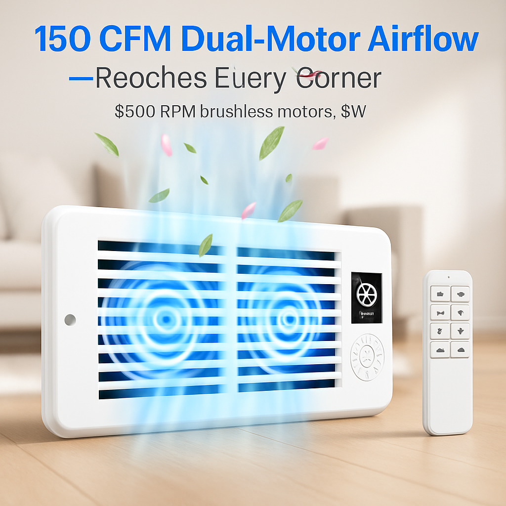 Register Booster Fan Smart AC Vent Booster Fan Fits 4" x 10" Register Holes with 3 Modes 10 Speeds 2H/4H Timer LCD Screen 2 Scent Diffuser Slots Remot