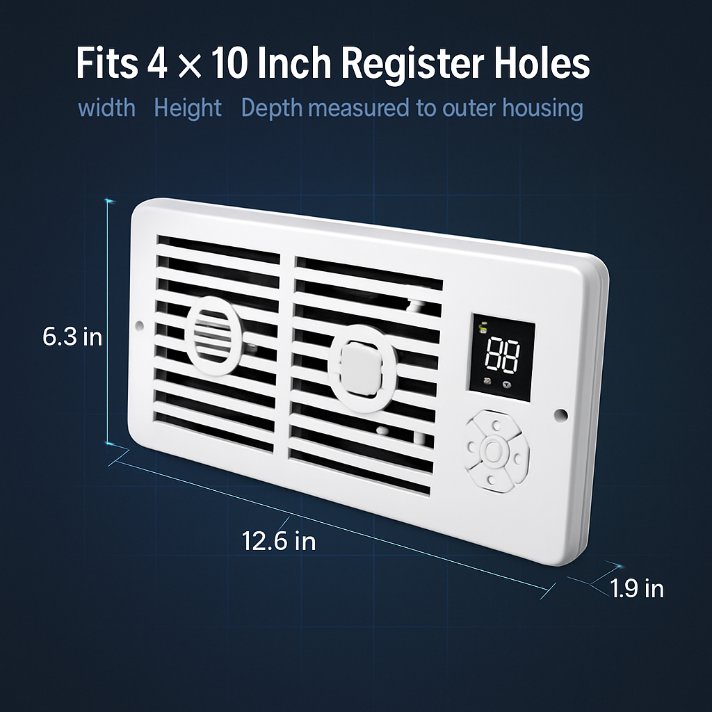 Register Booster Fan Smart AC Vent Booster Fan Fits 4" x 10" Register Holes with 3 Modes 10 Speeds 2H/4H Timer LCD Screen 2 Scent Diffuser Slots Remot