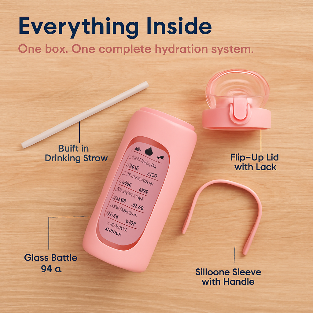 Glass Water Bottle with Straw and Time Marker