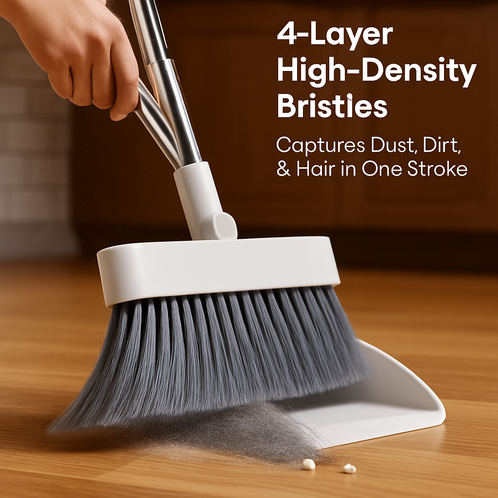 4-in-1 Upright Broom and Dustpan Set - Stainless Steel Handle