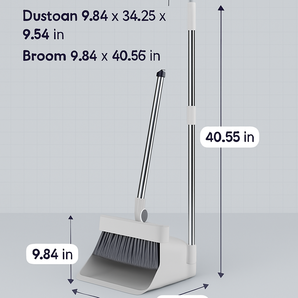 4-in-1 Upright Broom and Dustpan Set - Stainless Steel Handle