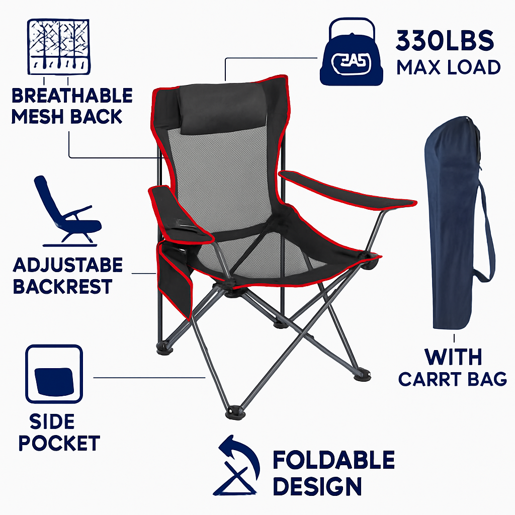 Foldable Camping Chair with Cup Holder & Side Pocket