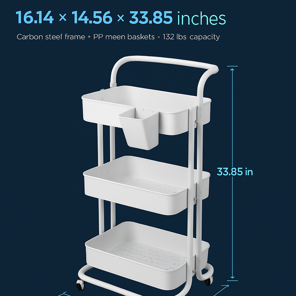 3-Tier Rolling Utility Cart with Mesh Baskets