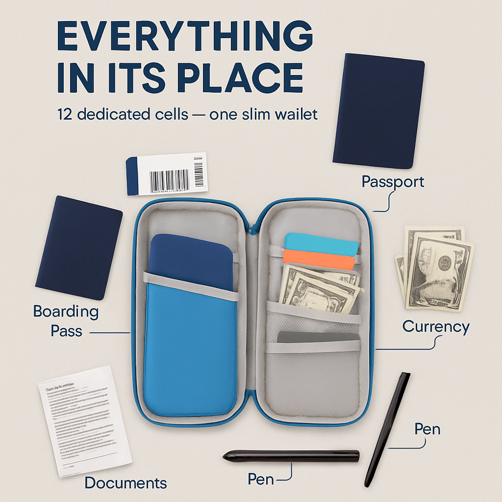Travel Passport Wallet 12Cells Ticket ID Credit Card Holder Water Repellent Documents Phone Organizer Zipper Case Business Trip Daily Use