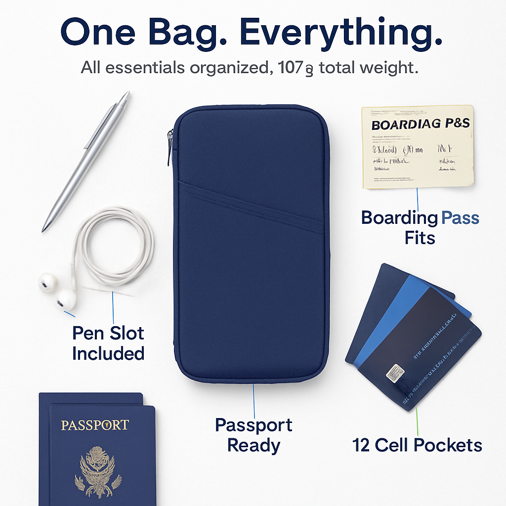 Travel Passport Wallet 12Cells Ticket ID Credit Card Holder Water Repellent Documents Phone Organizer Zipper Case Business Trip Daily Use
