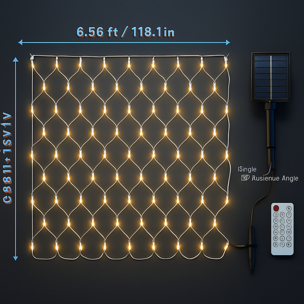 9.84x6.56FT 192LED Solar Christmas Net Lights Outdoor Bush Lights Dimmable IP44 Waterproof with 8 Modes Remote Timer Memory Function for Holiday Party