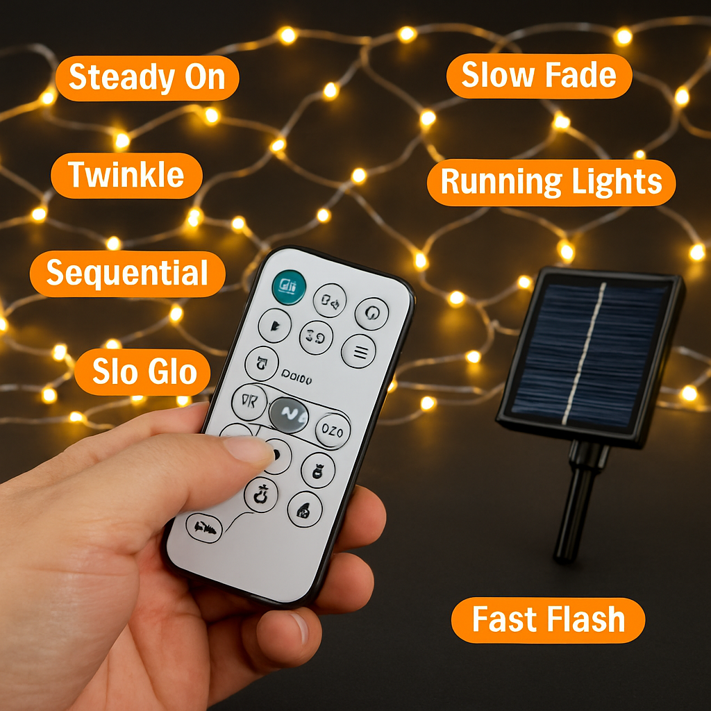 9.84x6.56FT 192LED Solar Christmas Net Lights Outdoor Bush Lights Dimmable IP44 Waterproof with 8 Modes Remote Timer Memory Function for Holiday Party