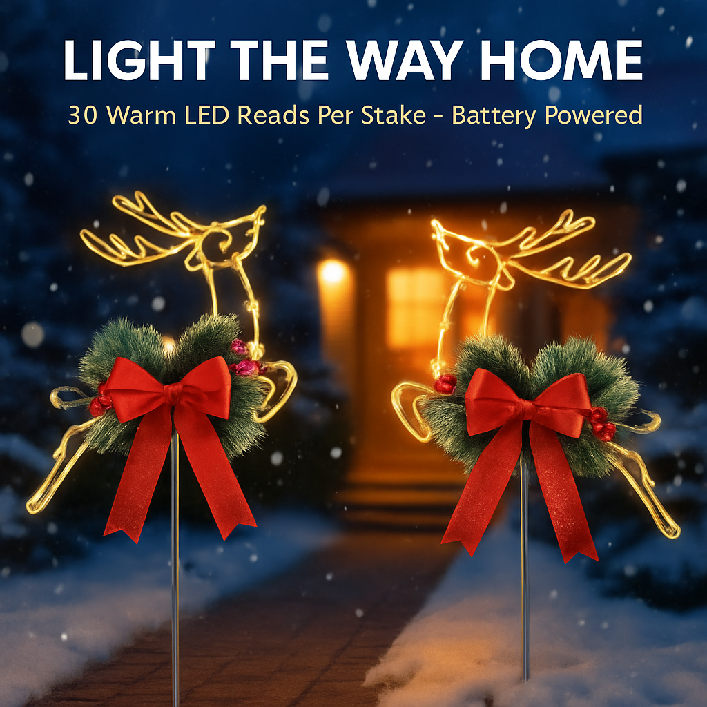 2Pcs Christmas Lighted Reindeer Decoration LED Pathway Stake Lights Battery Powered for Outdoor Garden Lawn Porch Front Door Patio Holiday Decor