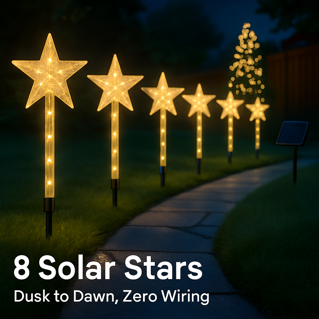 8Pack Christmas Solar Stake Light 64LED Beads Star-Shaped Pathway Lights With 8 Lighting Modes IP64 Waterproof Xmas Decoration For Garden Patio Yard P