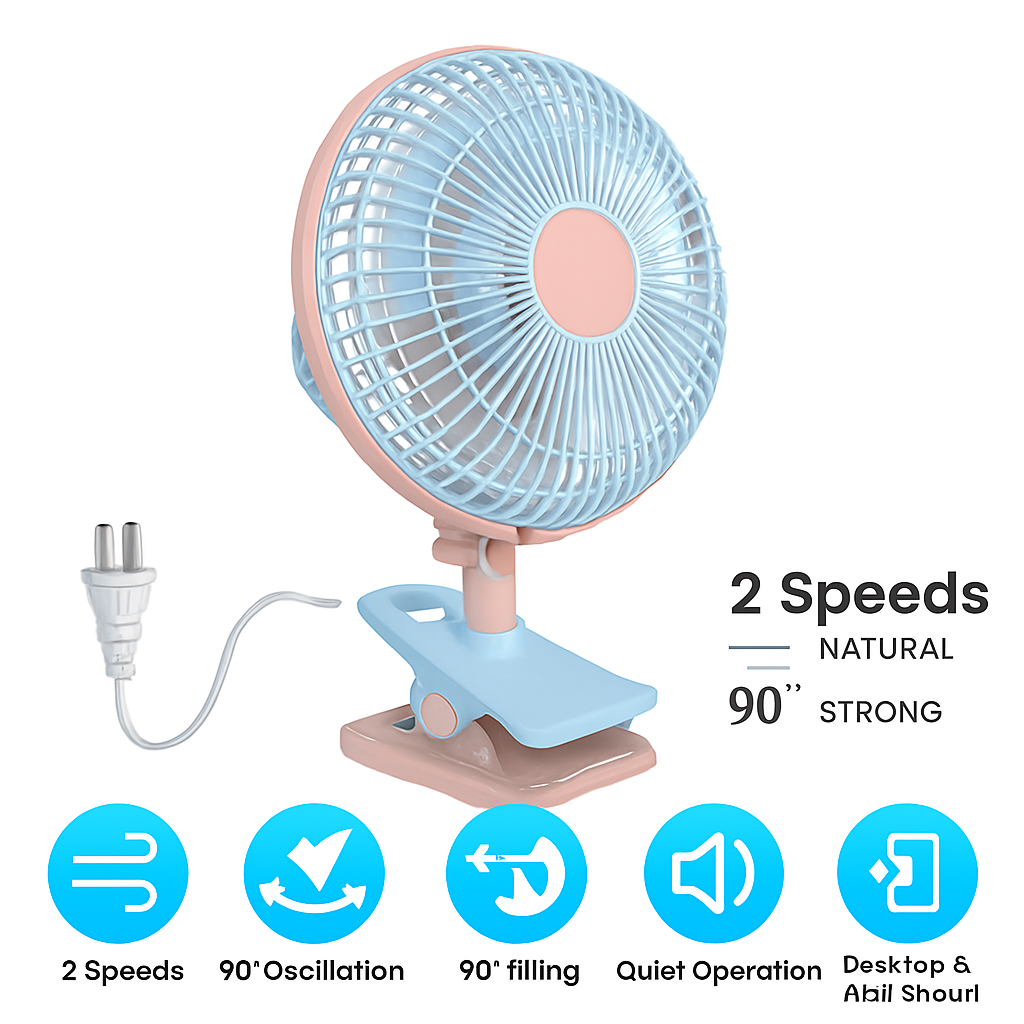 8.66In Oscillating Clip On Fan 2 Speeds Quiet Clamp Fan with 90° Oscillating & Tilting Angle Desktop Wall Mount for Home Office Dorms Strollers