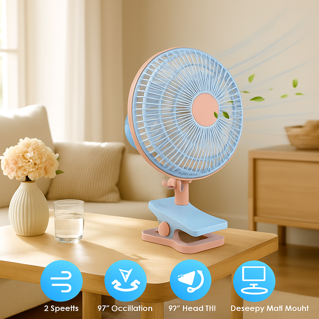 8.66In Oscillating Clip On Fan 2 Speeds Quiet Clamp Fan with 90° Oscillating & Tilting Angle Desktop Wall Mount for Home Office Dorms Strollers
