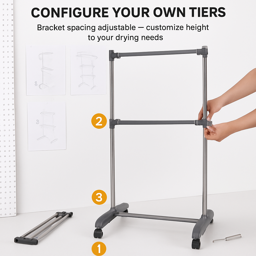 Clothes Drying Rack with Rolling Wheels and Side Wings