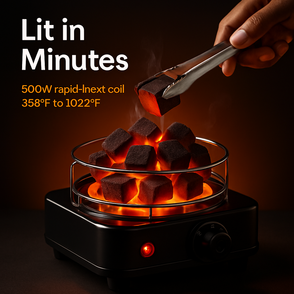 Electric Charcoal Burner 500W Hookah Charcoal Burner Compact Coal Burner for Hooka Cubes Shisha with Grill and Tongs 5 Temperature Gears 338℉-1022℉ Th