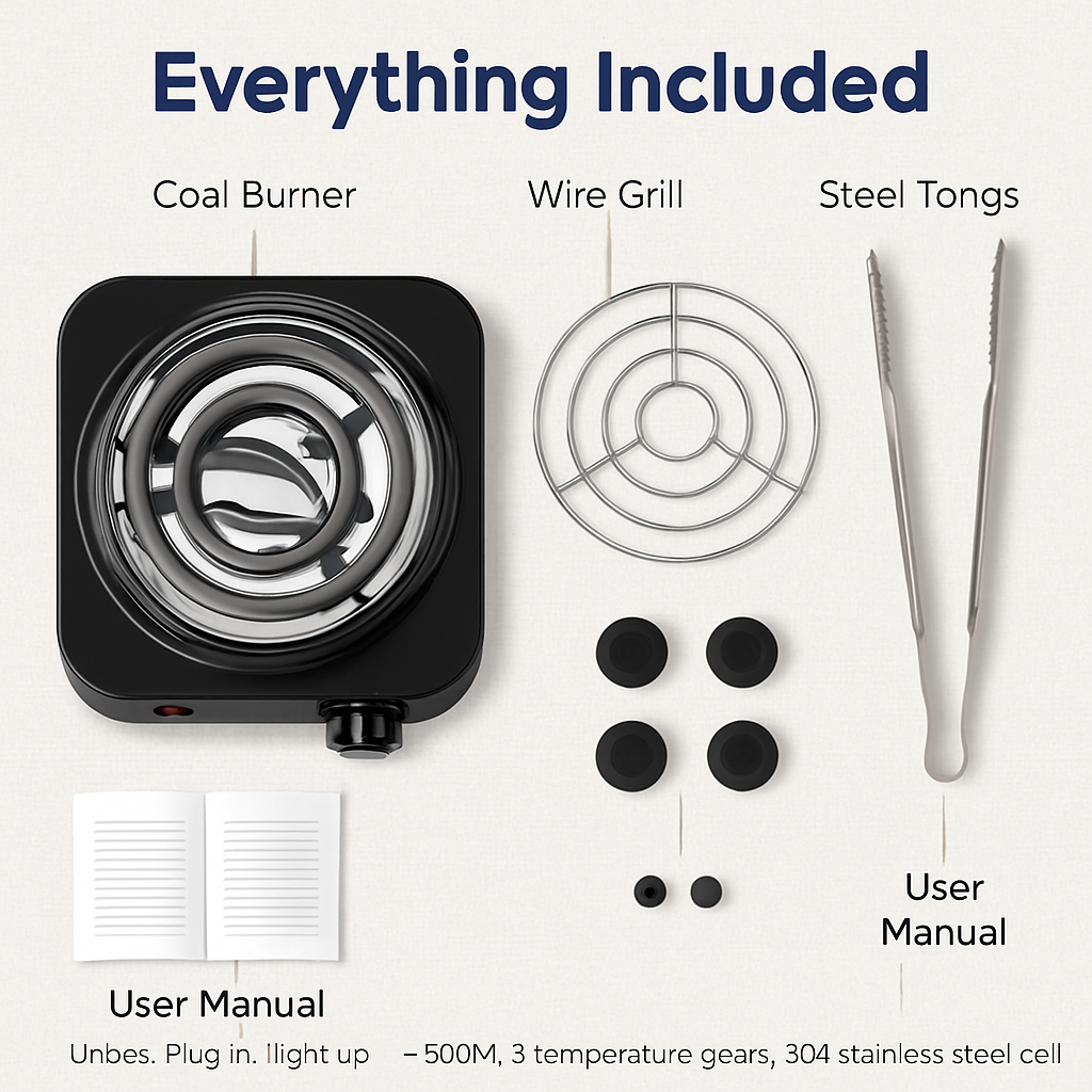 Electric Charcoal Burner 500W Hookah Charcoal Burner Compact Coal Burner for Hooka Cubes Shisha with Grill and Tongs 5 Temperature Gears 338℉-1022℉ Th