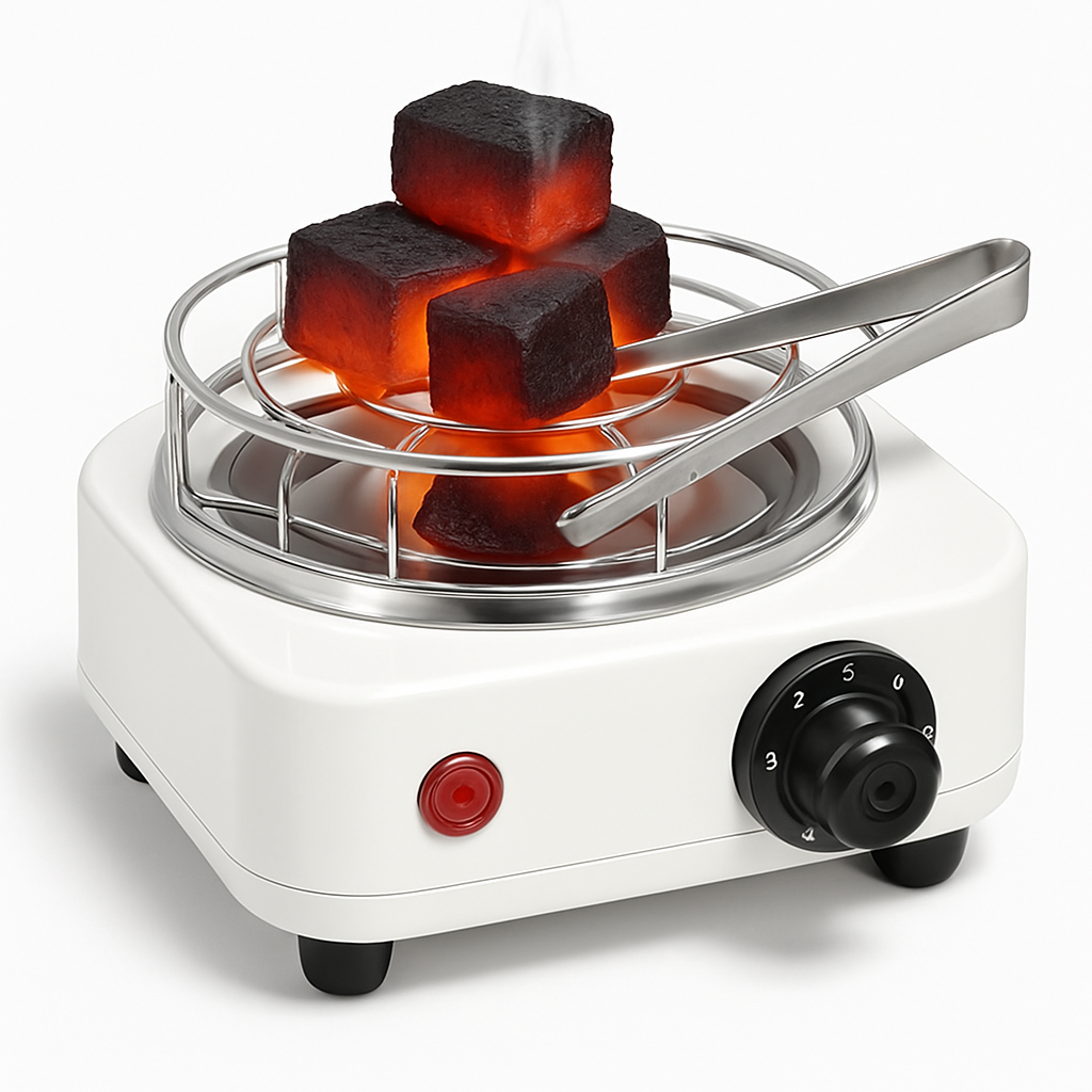 Electric Charcoal Burner 500W Hookah Charcoal Burner Compact Coal Burner for Hooka Cubes Shisha with Grill and Tongs 5 Temperature Gears 338℉-1022℉ Th
