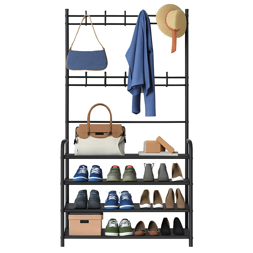 Entryway Coat Rack and Shoe Storage Shelf Black 4-Tier