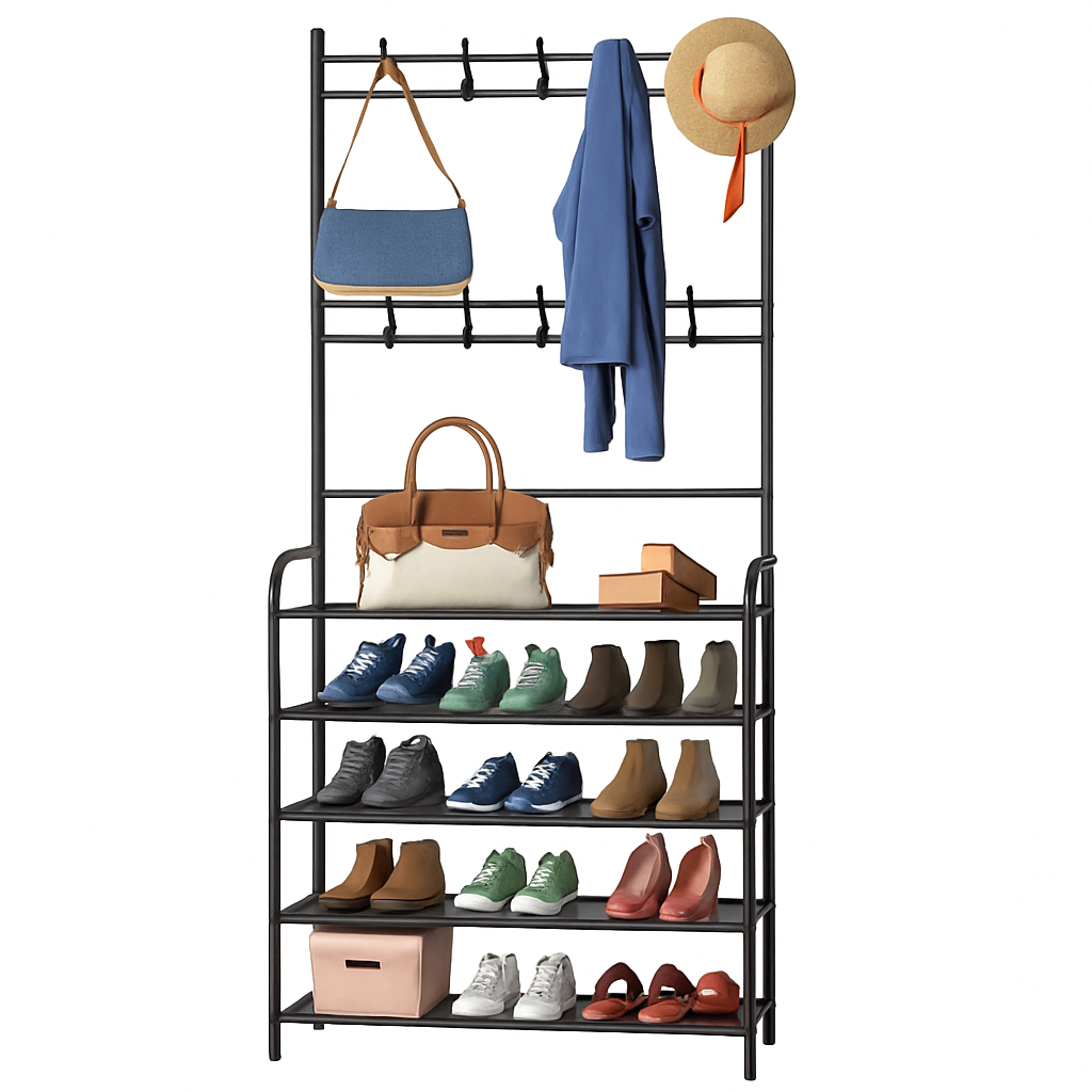 Entryway Coat Rack and Shoe Storage Shelf Black 4-Tier