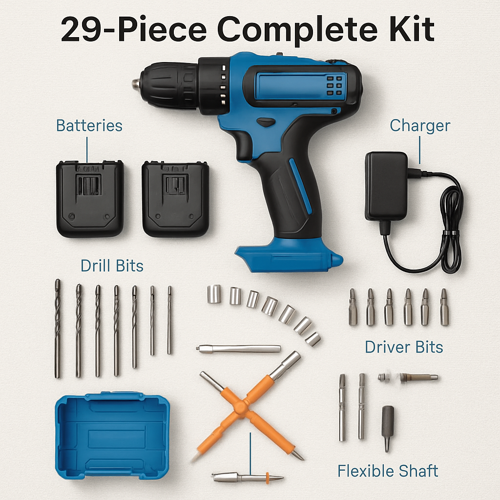 Cordless Drill Set with 2 Batteries, Charger & Bits