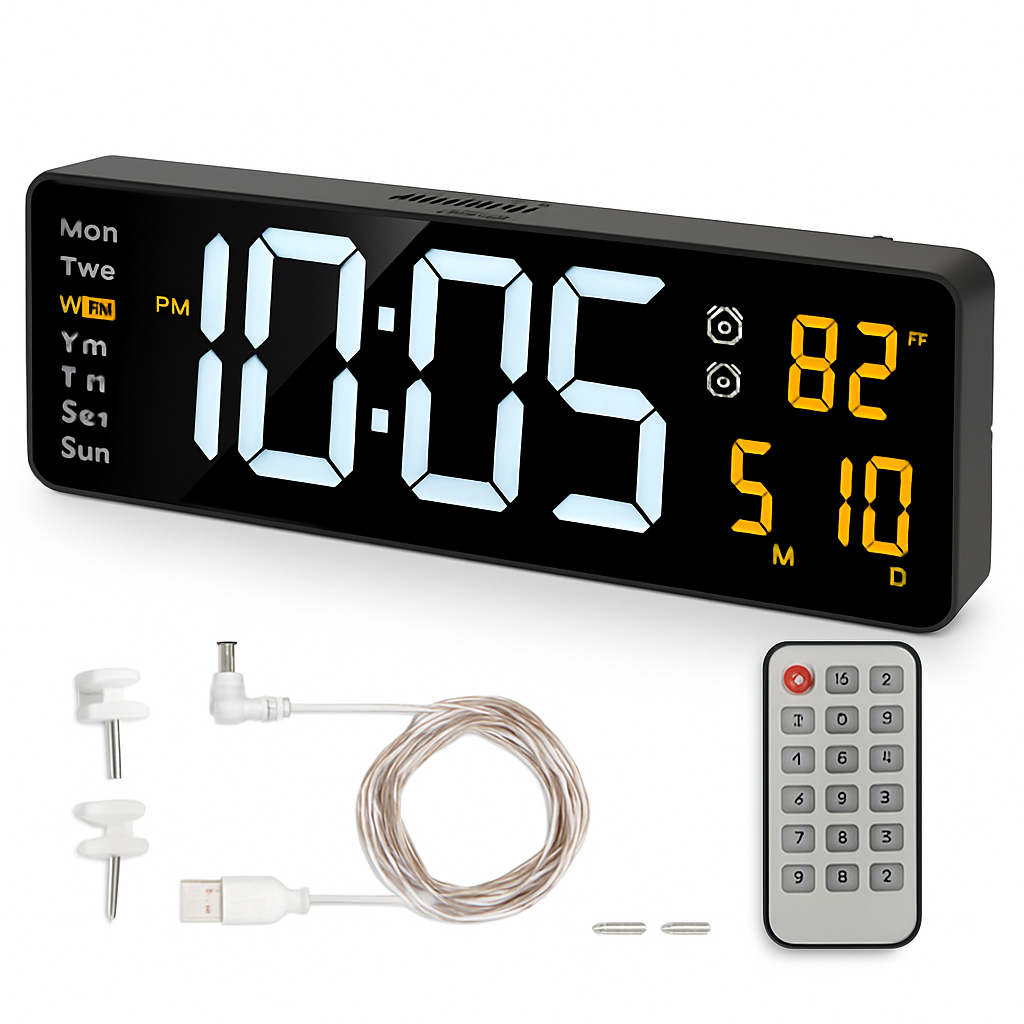 LED Digital Wall Clock with Remote - 12/24h, 3 Alarms