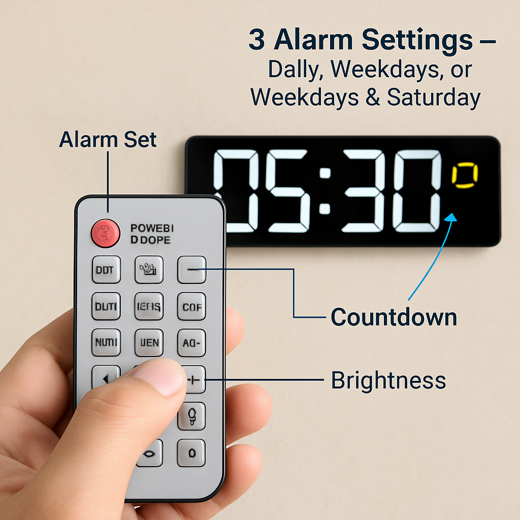 LED Digital Wall Clock with Remote - 12/24h, 3 Alarms