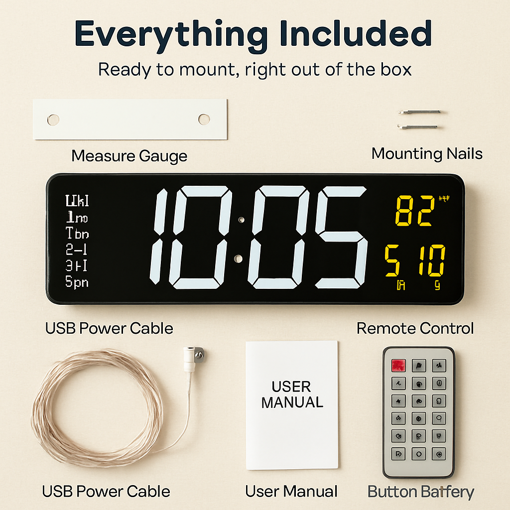 LED Digital Wall Clock with Remote - 12/24h, 3 Alarms