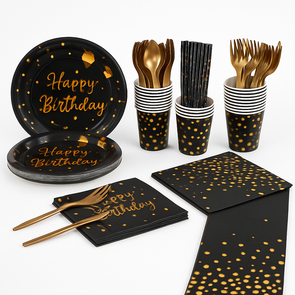 Black & Gold Birthday Dinnerware Set for 25 Guests