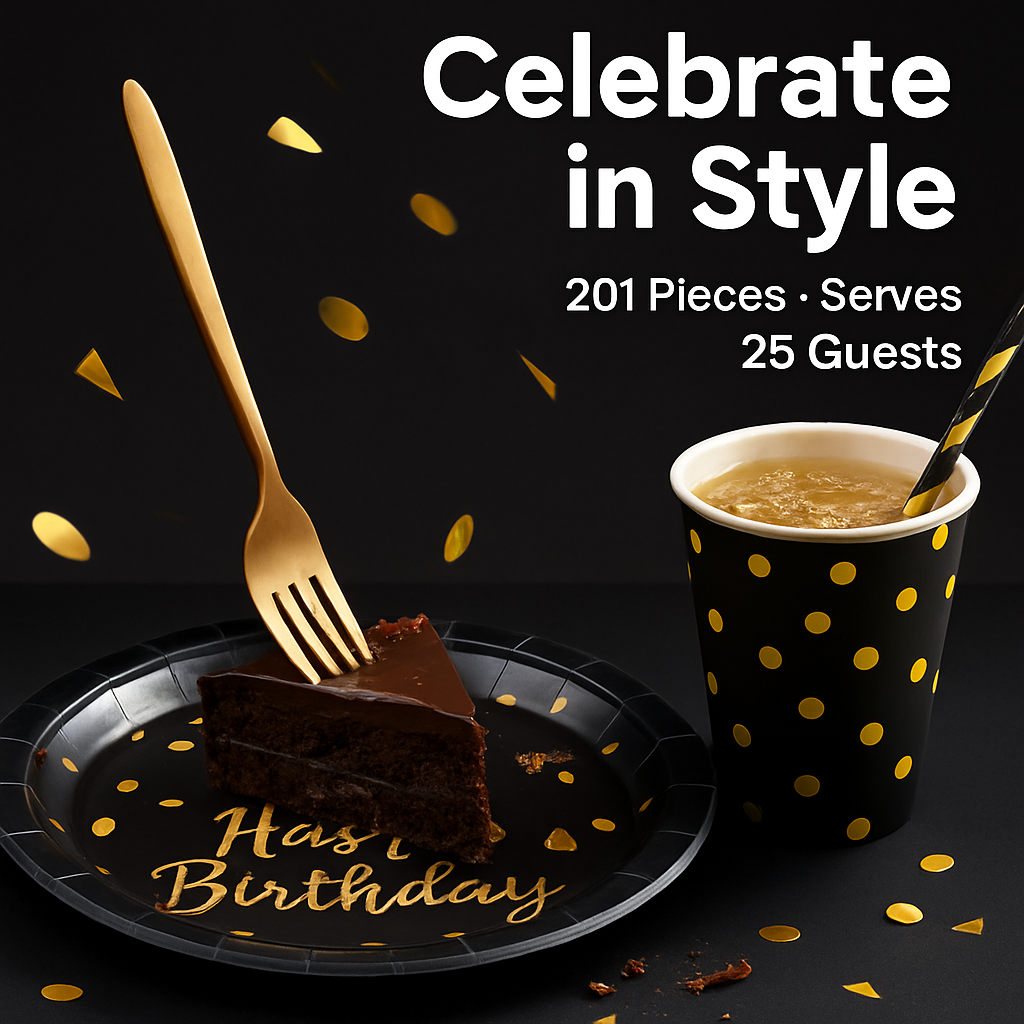 Black & Gold Birthday Dinnerware Set for 25 Guests
