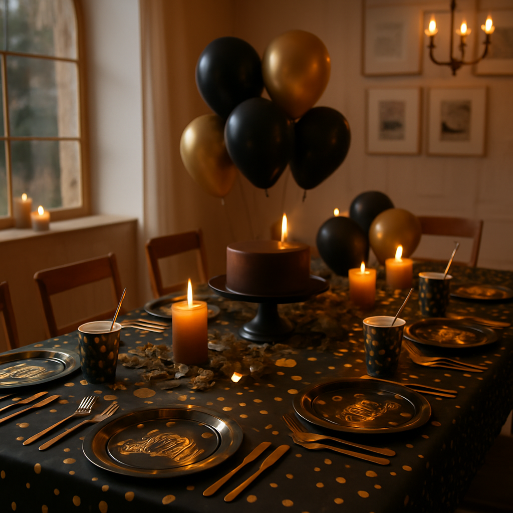 Black & Gold Birthday Dinnerware Set for 25 Guests