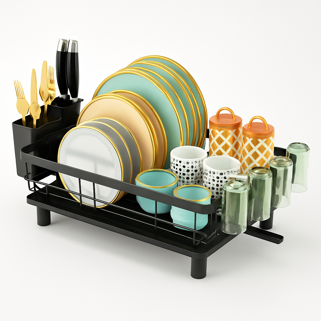 Dish Drying Rack with Utensil Holder and Drainer