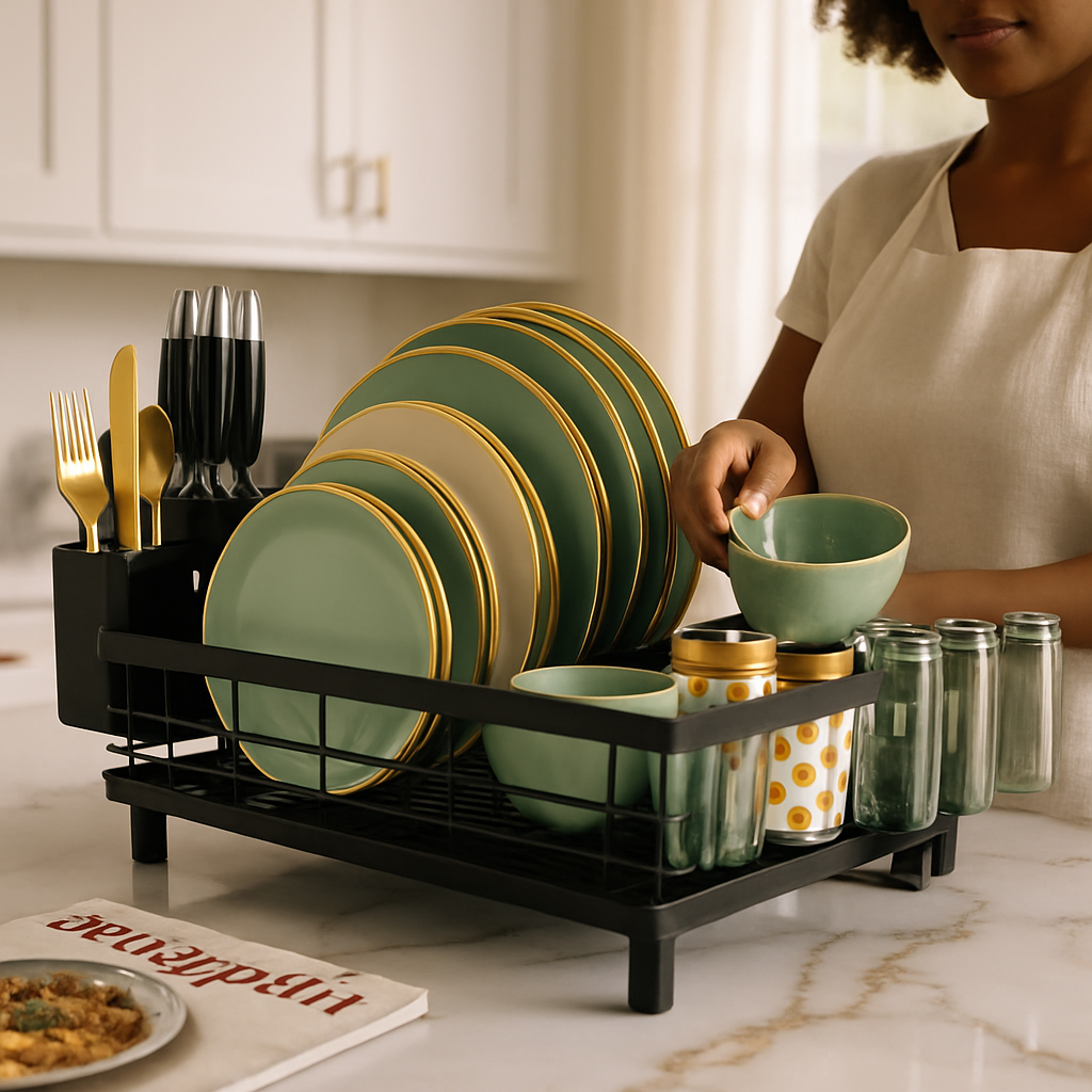 Dish Drying Rack with Utensil Holder and Drainer