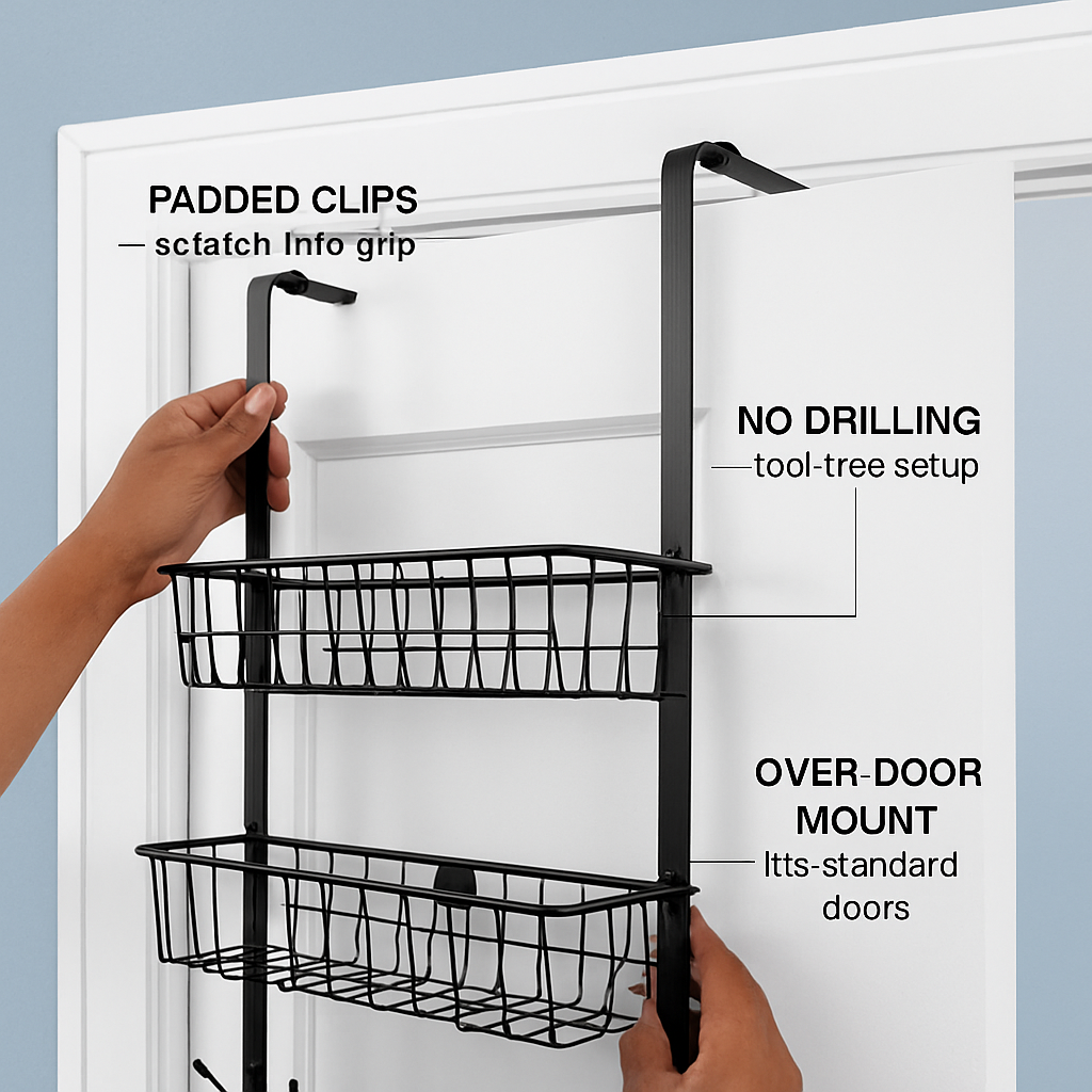 Over The Door Hooks Organizer with 5 Hooks and 2 Baskets