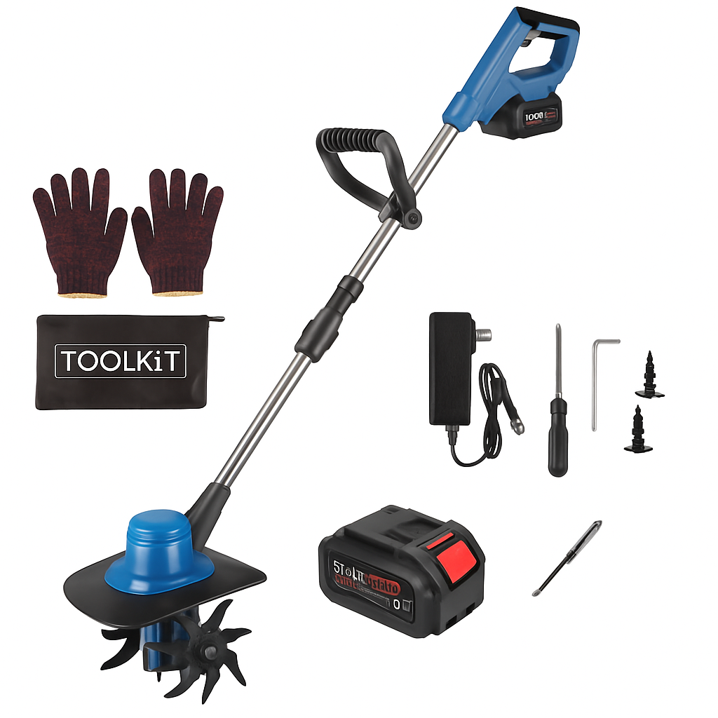 800W 21V Cordless Tiller Cultivator 3.0Ah Battery Powered Tiller with 8.66" Width 6.69" Depth Manganese Steel Tines for Soil Cultivation Weeding Garde