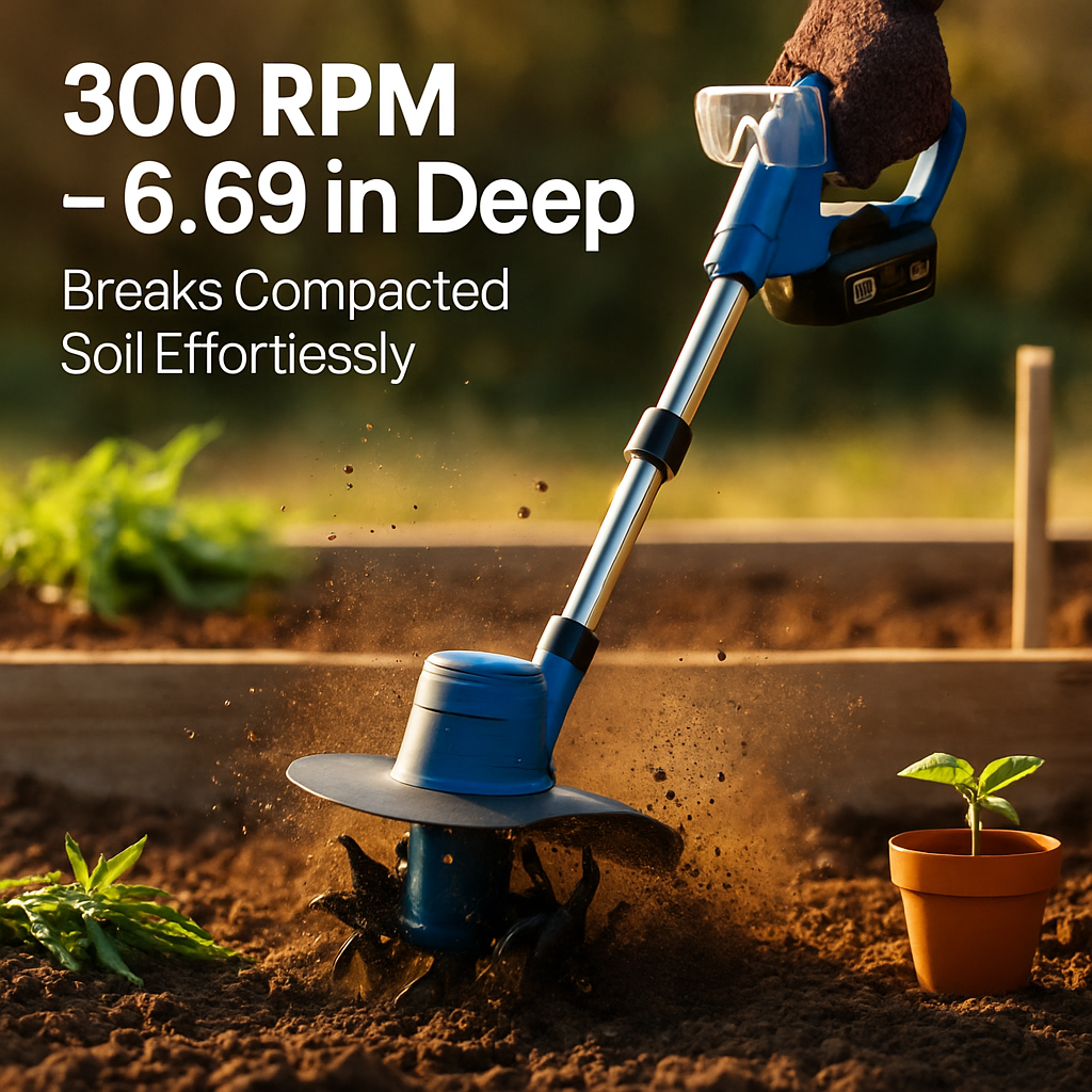 800W 21V Cordless Tiller Cultivator 3.0Ah Battery Powered Tiller with 8.66" Width 6.69" Depth Manganese Steel Tines for Soil Cultivation Weeding Garde