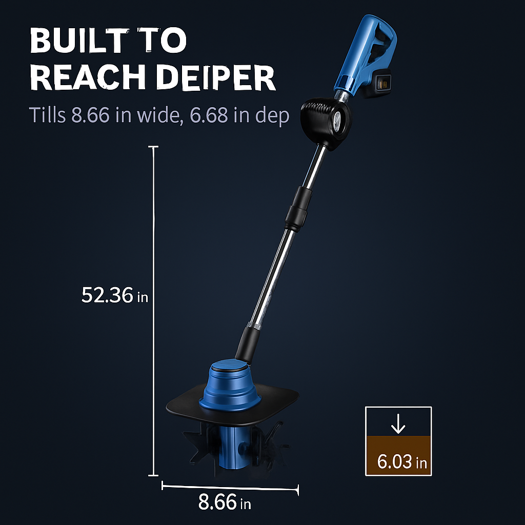 800W 21V Cordless Tiller Cultivator 3.0Ah Battery Powered Tiller with 8.66" Width 6.69" Depth Manganese Steel Tines for Soil Cultivation Weeding Garde