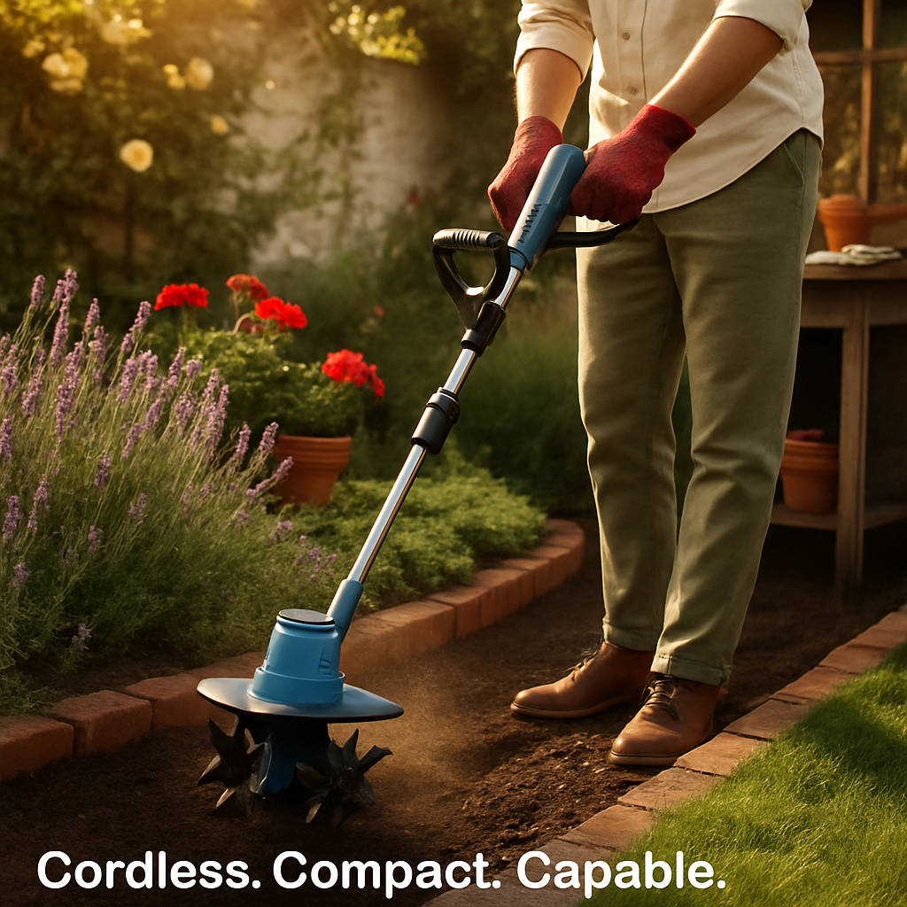 800W 21V Cordless Tiller Cultivator 3.0Ah Battery Powered Tiller with 8.66" Width 6.69" Depth Manganese Steel Tines for Soil Cultivation Weeding Garde