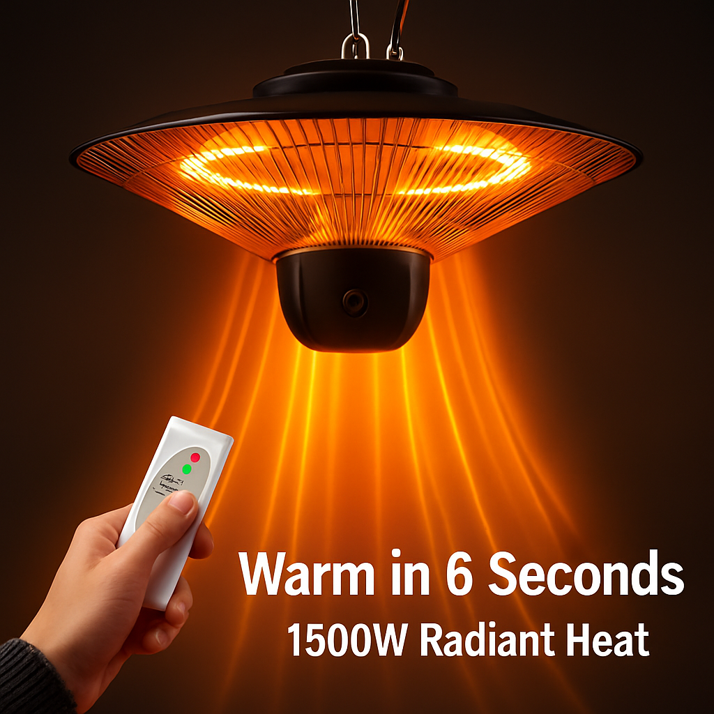 1500W Outdoor Patio Heater Electric Hanging Heated Ceiling Mounted Heating Lamp IP23 Waterproof with 3 Heating Levels 30Mins/60Mins Timer 2 Remote Con