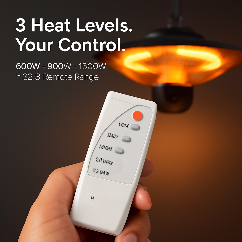 1500W Outdoor Patio Heater Electric Hanging Heated Ceiling Mounted Heating Lamp IP23 Waterproof with 3 Heating Levels 30Mins/60Mins Timer 2 Remote Con